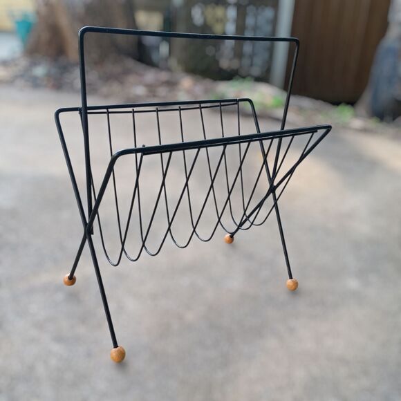 Vintage Mid Century Tony Paul Iron Magazine Rack-Wooden Ball Feet-Atomic Era - Picture 1 of 9